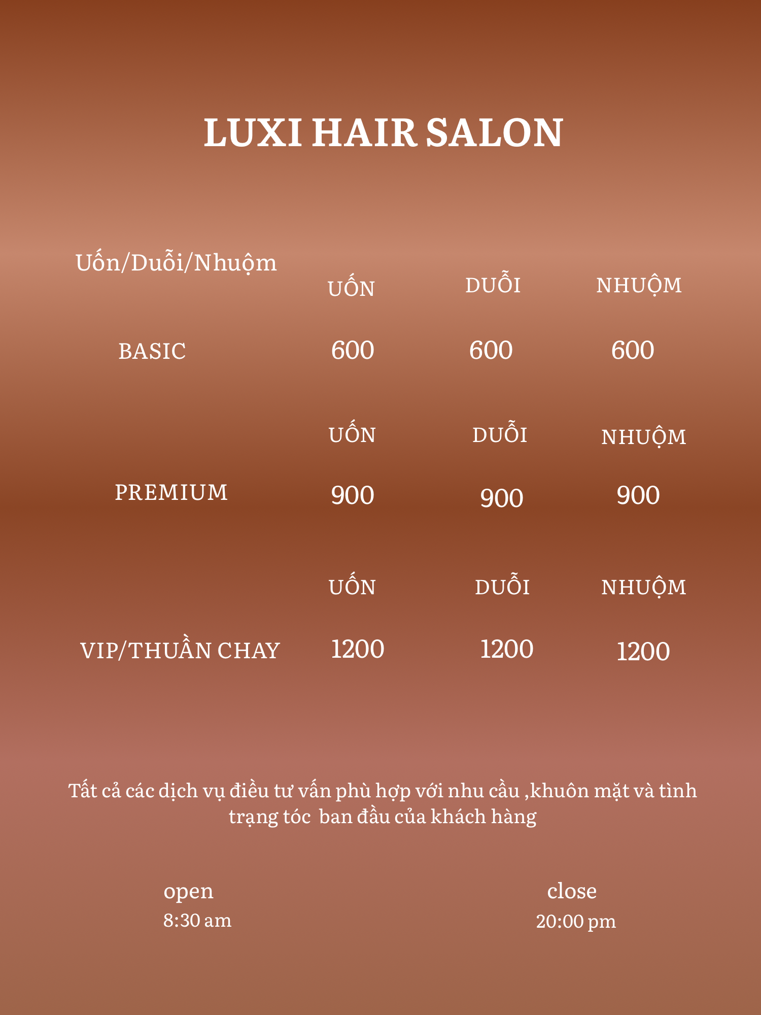 Bảng giá Uốn, Duỗi và Nhuộm tại LUXI Hair Salon