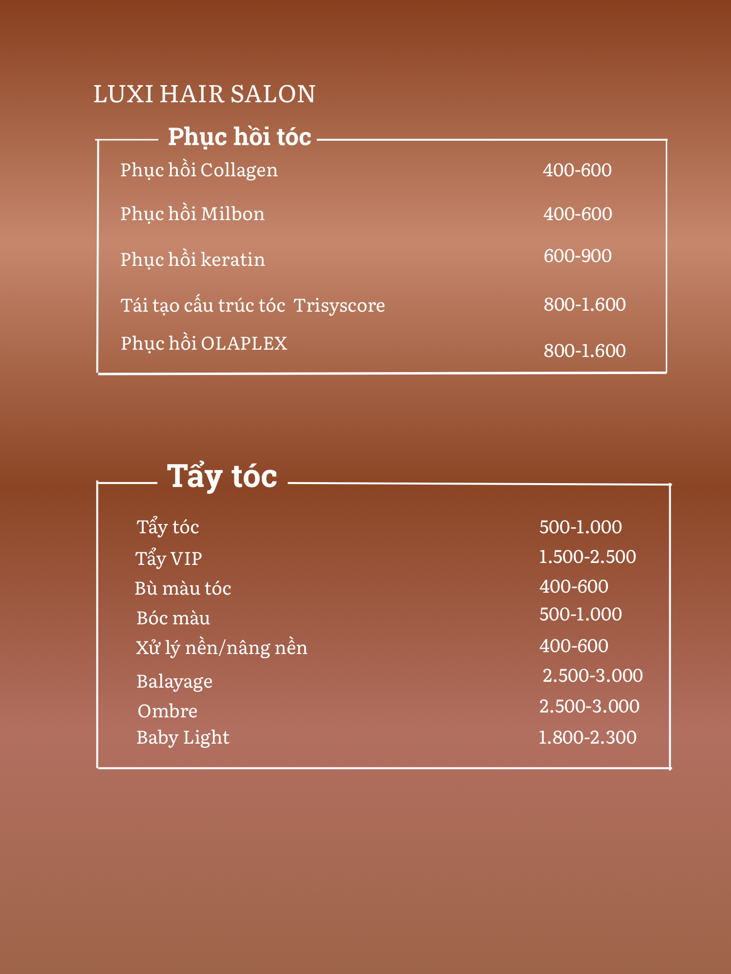 Bảng giá Phục hồi tóc, Tẩy tóc và Balayage tại LUXI Hair Salon