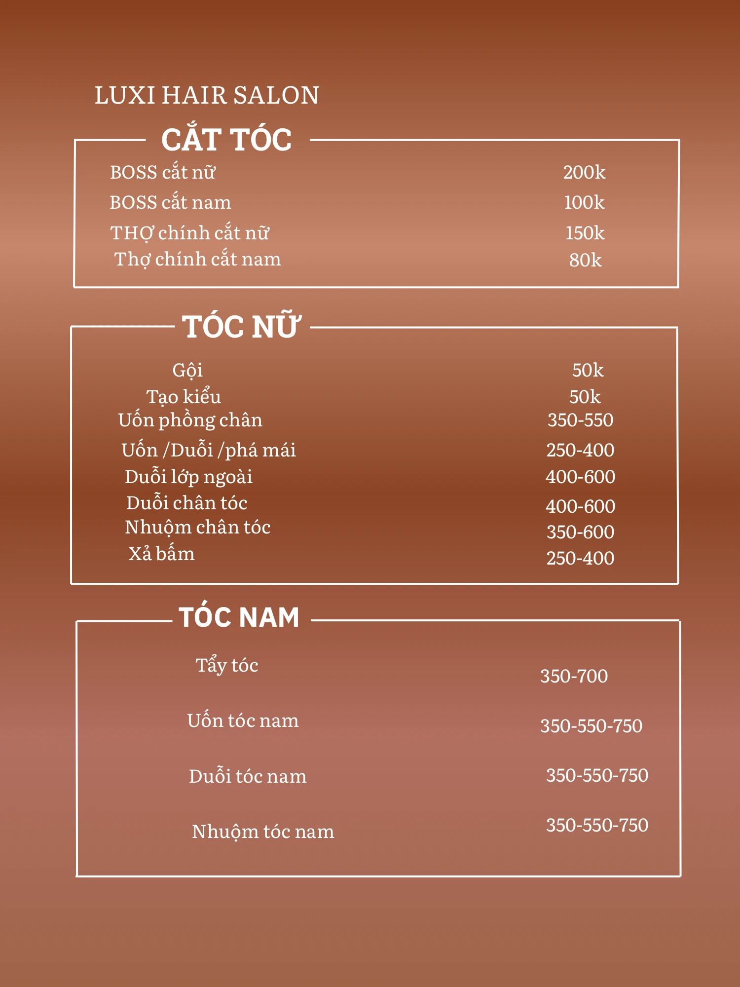 Bảng giá Cắt tóc, Tóc nữ và Tóc nam tại LUXI Hair Salon