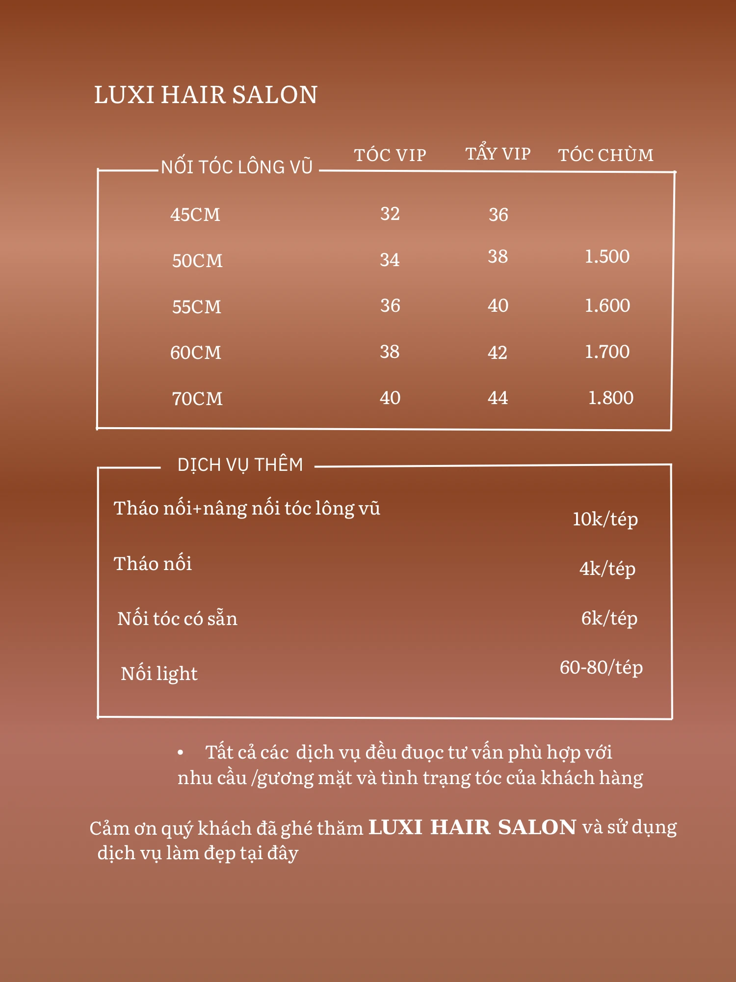 Bảng giá Nối tóc tại LUXI Hair Salon