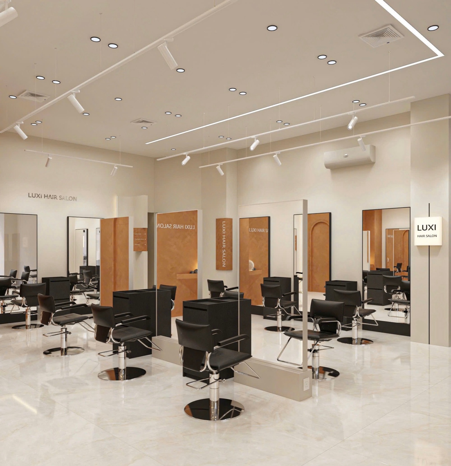 Khu vực làm tóc với ghế đen, gương và hệ đèn tại LUXI Hair Salon