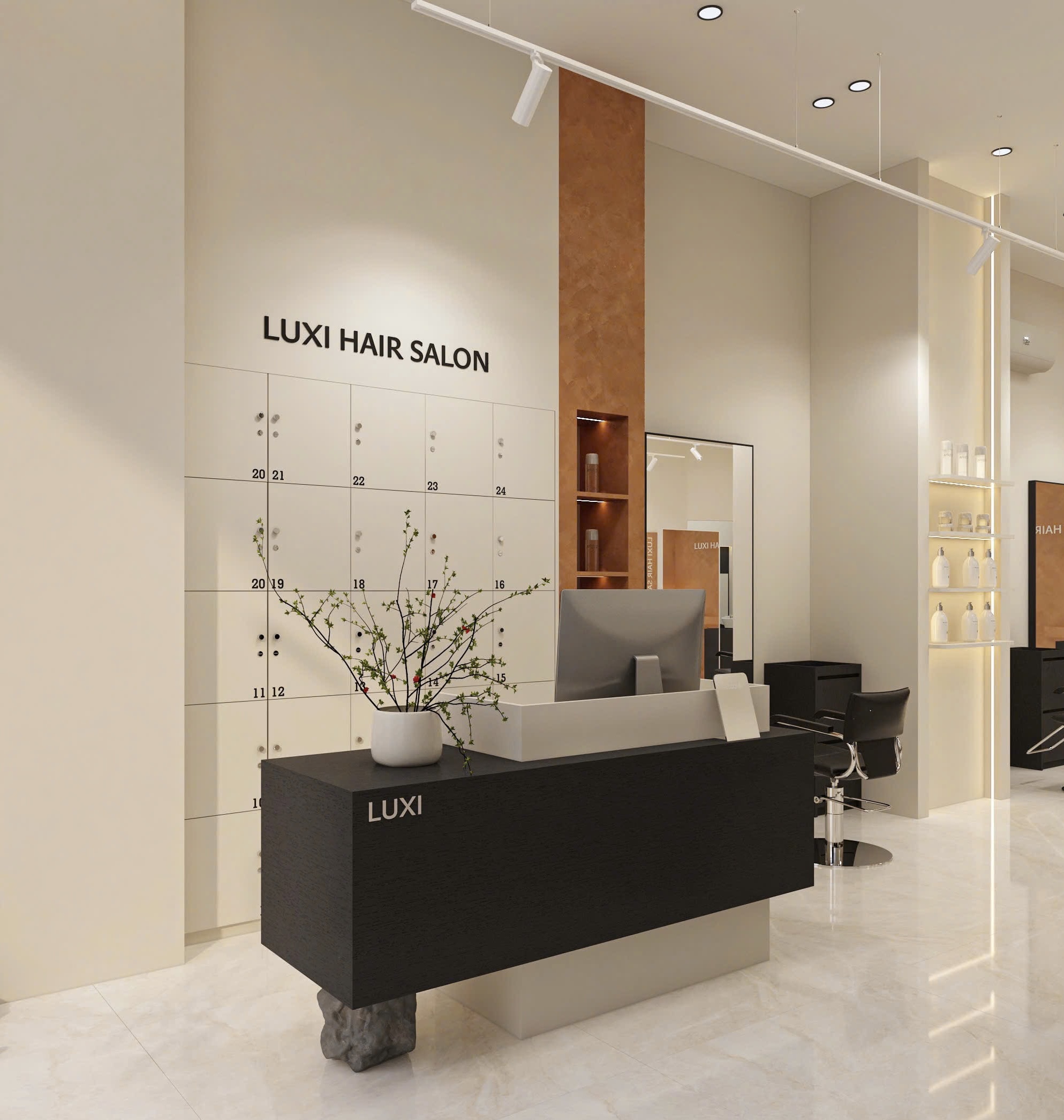 Quầy lễ tân và logo LUXI Hair Salon